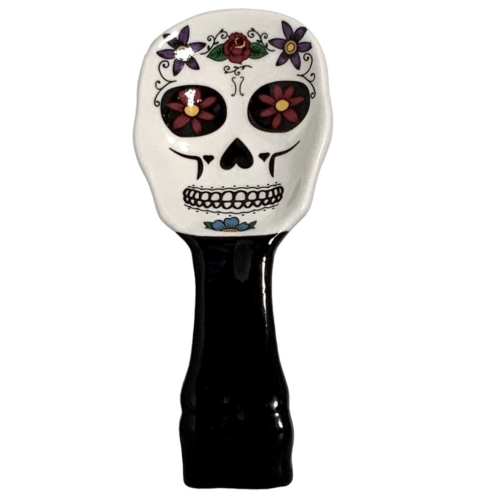 Sugar Skull Spoon Rest Ceramic Hand Painted Unique Day of the Dead White Black - Picture 6 of 16